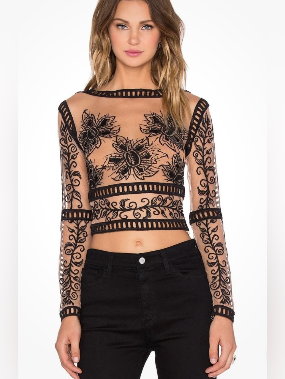 For Love And Lemons Black Embroidered desert night Sheer Crop Top on Nude - S